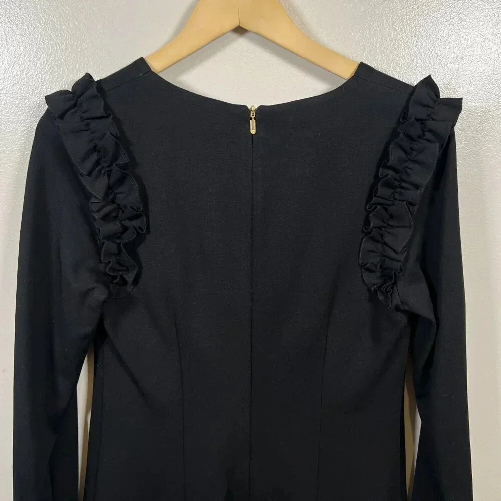 Trina Turk Eleanora Ruffle Sheath Dress Size 4 Black Long Sleeve Work Career